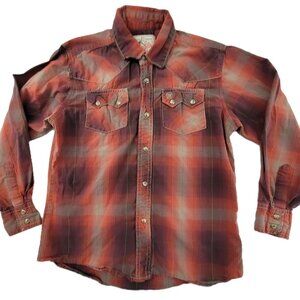 VTG Wrangler Shirt Boys L 10-12 Brown Red Plaid Pearl Snap Long Sleeve Pockets